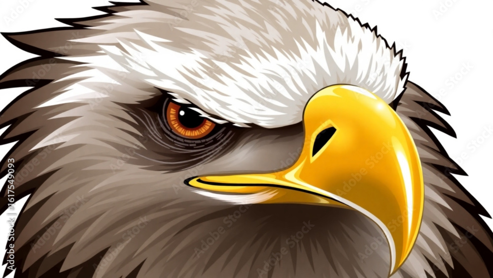 Poster close up illustration of an eagle head with detailed feathers and a sharp yellow beak on white backg