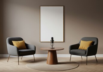 Fototapeta premium A stylish podcast setup with two armchairs, a wooden table, and a blank framed poster