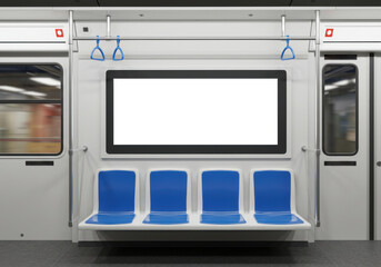 The interior of a subway car displays a large blank horizontal advertisement above four blue seats