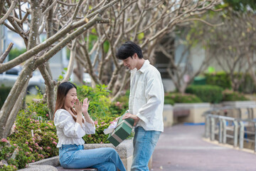 Asian Couple Exchanging Gifts Outdoors