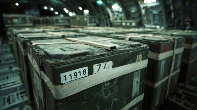 Inside a military transport aircraft, rows of green cargo crates are stacked securely. The environment showcases an organized layout, ensuring safe transportation of items.
