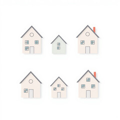 Illustration of six simple house icons with varying sizes and chimney details on a white background created with generated ai