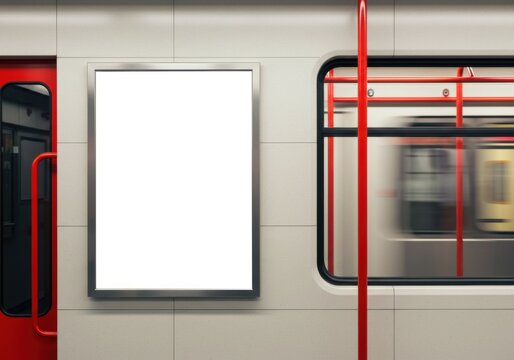 A subway car's interior, featuring a blank ad space and motion blur of an adjacent train