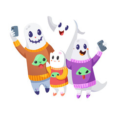 Cartoon ghosts taking a selfie isolated on white background