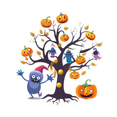 Cartoon halloween tree with pumpkins isolated on white background