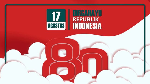 Looping 4K animation for Indonesia’s 80th Independence Day with bold red-white theme, clouds, 3D number 80, and celebratory typography. Translate: Longevity Republic of Indonesia, 17 august.