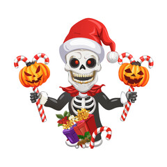 Santa skeleton holding pumpkins and candy canes isolated on white background