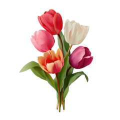 Obraz premium Vibrant mixed tulip bouquet with green stems and leaves isolated on transparent background