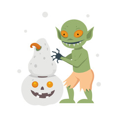 A goblin builds a snowman with a pumpkin head isolated on white background