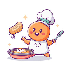 A cute cartoon chef is cooking a dessert isolated on white background