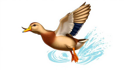 Obraz premium A duck with brown and tan feathers is flying over water with wings spread wide and orange feet showing created with generated ai