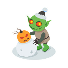 A goblin builds a snowman with a pumpkin head isolated on white background