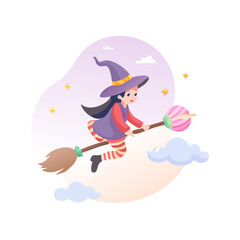 A cute witch flying on a broom isolated on white background
