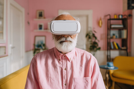 Senior man using virtual reality headset in colorful living room