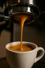 Freshly Brewed Espresso Pouring from Portafilter into White Ceramic Cup – Close-Up Coffee Art in Warm Lighting