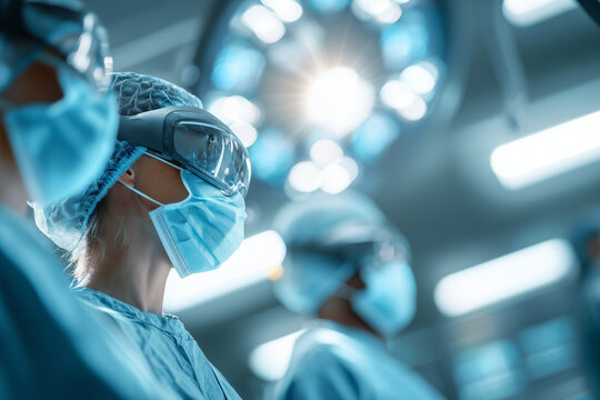 Team of surgeons in operating room wearing protective masks and gear - Powered by Adobe