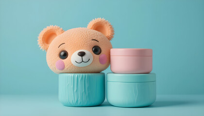 Adorable Teddy Bear Toy With Colorful Containers on Blue Background