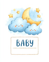 Baby shower label design with pastel blue clouds, cute cartoon moon and stars, soft watercolor wash background, space for custom baby name