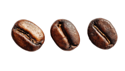 Close-up of three roasted coffee beans