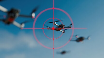 Drones are engaged in aerial maneuvers, captured through a targeting scope overlay. The drone flying in formation against a clear blue sky