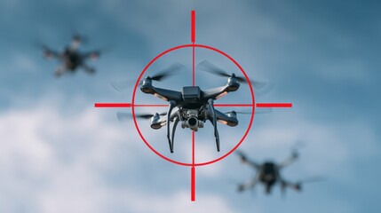 Drones are engaged in aerial maneuvers, captured through a targeting scope overlay. The drone flying in formation against a clear blue sky