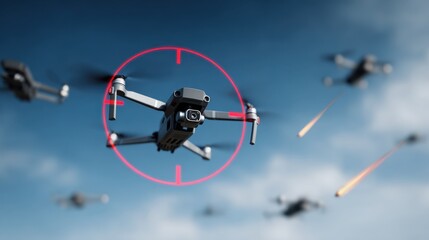 Drones are engaged in aerial maneuvers, captured through a targeting scope overlay. The drone flying in formation against a clear blue sky