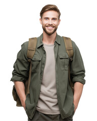 Confident young man with backpack smiling isolated on transparent background
