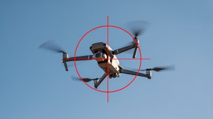 Drones are engaged in aerial maneuvers, captured through a targeting scope overlay. The drone flying in formation against a clear blue sky