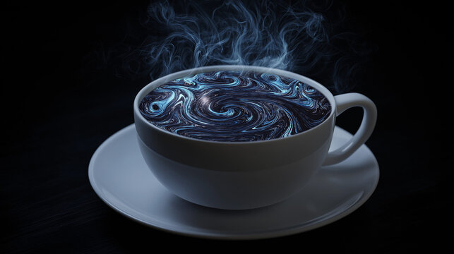 Surreal cup of coffee with swirling cosmic patterns inside, representing the hidden effects of daily ritual.