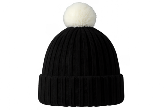 Cozy black knitted winter beanie featuring white fluffy pom-pom, positioned against transparent backdrop