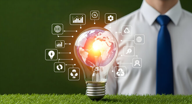 Manager presenting green energy globe bulb; on grass, sustainability icons floating, finance use
