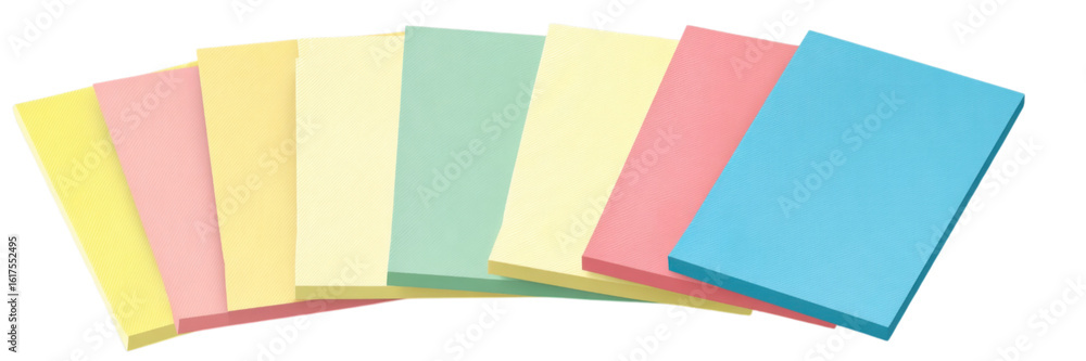 Poster linear sequence of six pastel gradient sticky notes on white background