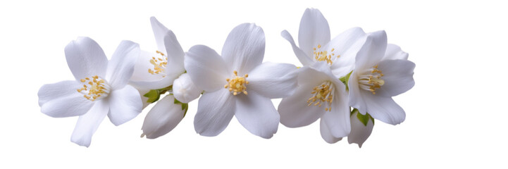 Fototapeta premium Linear Sequence of White Jasmine Blossoms on a Solid Background