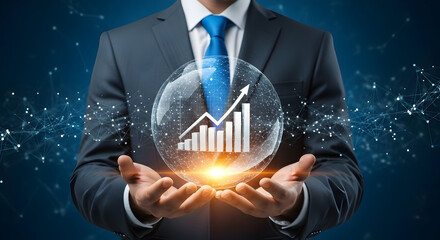 Executive holding graph sphere symbolizing growth. Data visualization background. Finance use