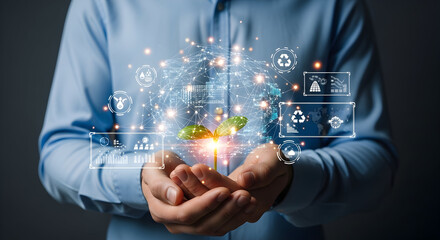 Man holding sprout, with digital networking background, shows innovation or investment
