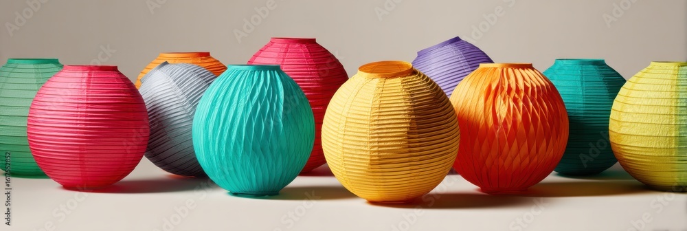 Poster colorful paper lanterns arranged neatly in a beautiful display