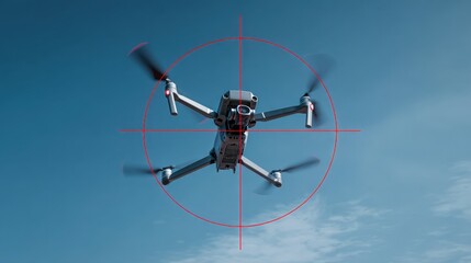 Drones are engaged in aerial maneuvers, captured through a targeting scope overlay. The drone flying in formation against a clear blue sky