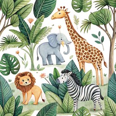 Obraz premium Adorable watercolor safari animals in a lush jungle setting