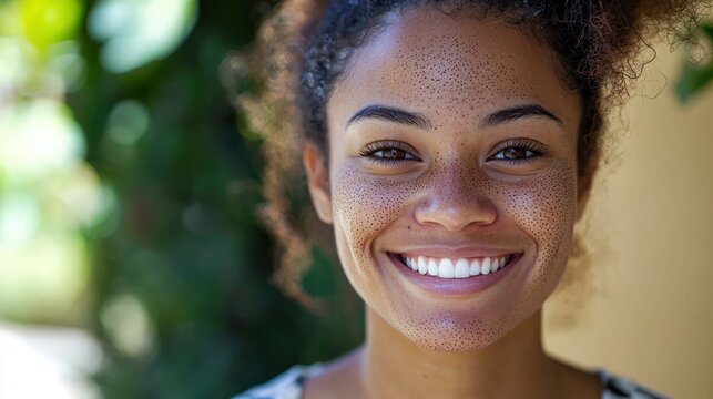 Young woman with vitiligo on cheeks and around mouth, smiling confidently