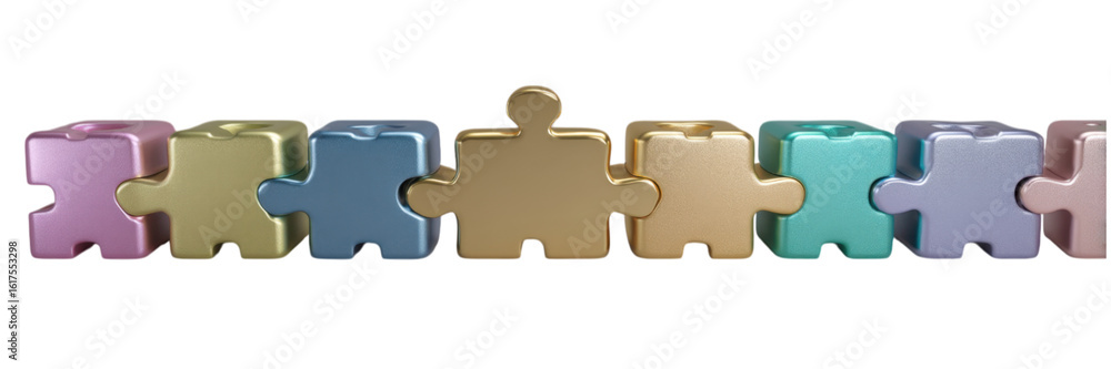Poster identical multicolored 3d puzzle pieces in neat row arrangement
