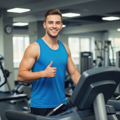 Young Man Engages in Treadmill Workout Giving Thumbs Up