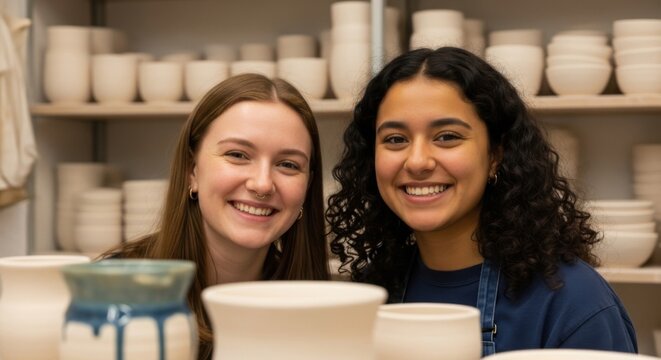 Two smiling young women in a pottery studio surrounded by ceramic creations