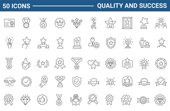 Quality and Success set of web icons in line or outline style. Suitable for web and mobile app. Outline icons collection. Editable Stroke. Vector illustration.