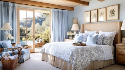 Country cottage style bedroom decor with blue accents and cozy home improvement Interior design, improvement