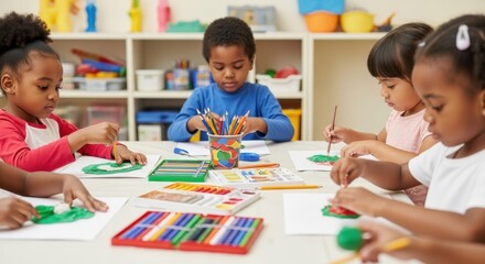 Fototapeta premium Young Children Engaged in Creative Art Activities in a Bright Classroom Setting