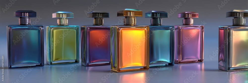 Aufkleber metallic bottles in a row with shifting colors and reflections