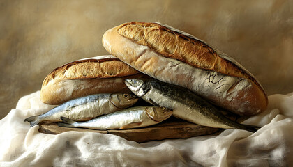 Catholic still life of five loaves of bread and two fish.