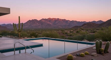 Modern pool with mountain view at sunset