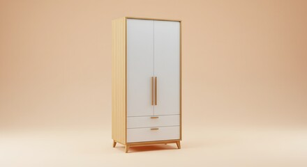 Modern Wooden Wardrobe with Drawers on a Beige Background