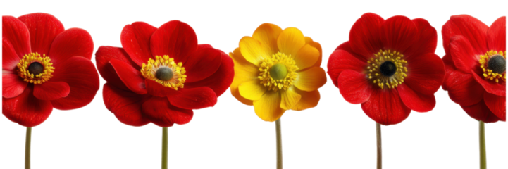 Row of Identical Red Anemone Flowers with One Yellow Bloom